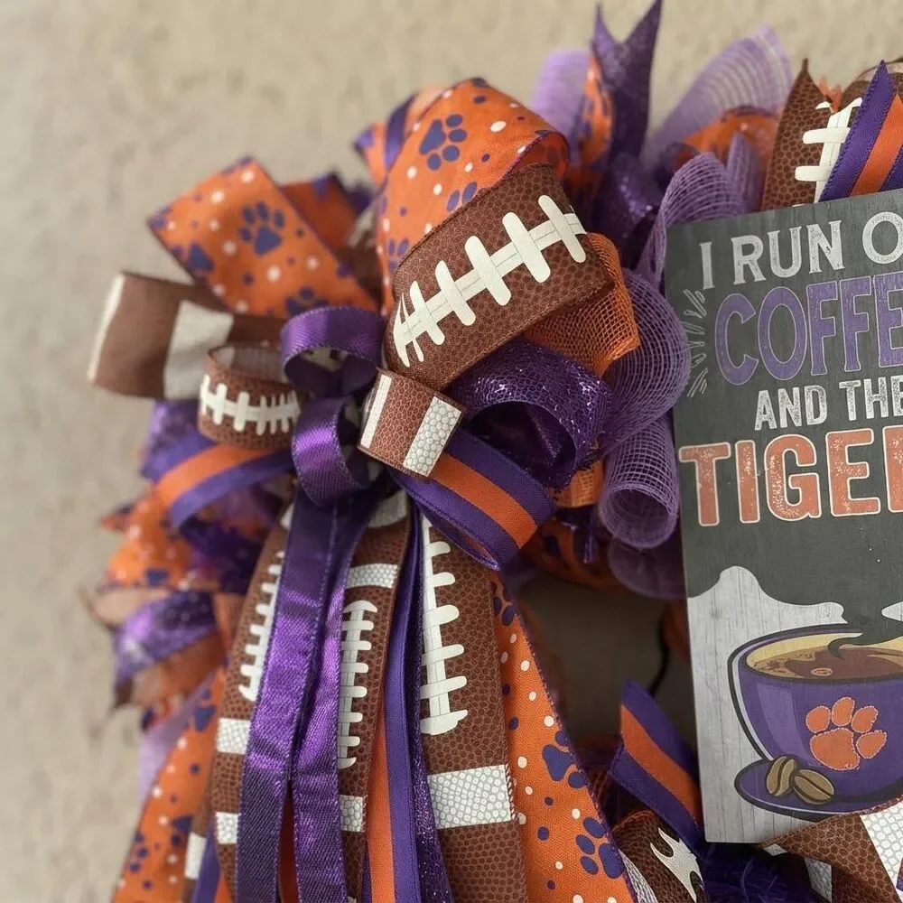 Clemson Football Wreath | ACC Tigers Door Decor | Orange Purple Mesh Game Wreath